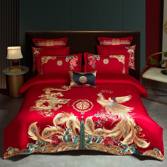 91家纺网 家纺一手货源 找家纺 宏羽纺 2023新款高支高密全棉贡缎提花婚庆套件 全棉锦绣江南