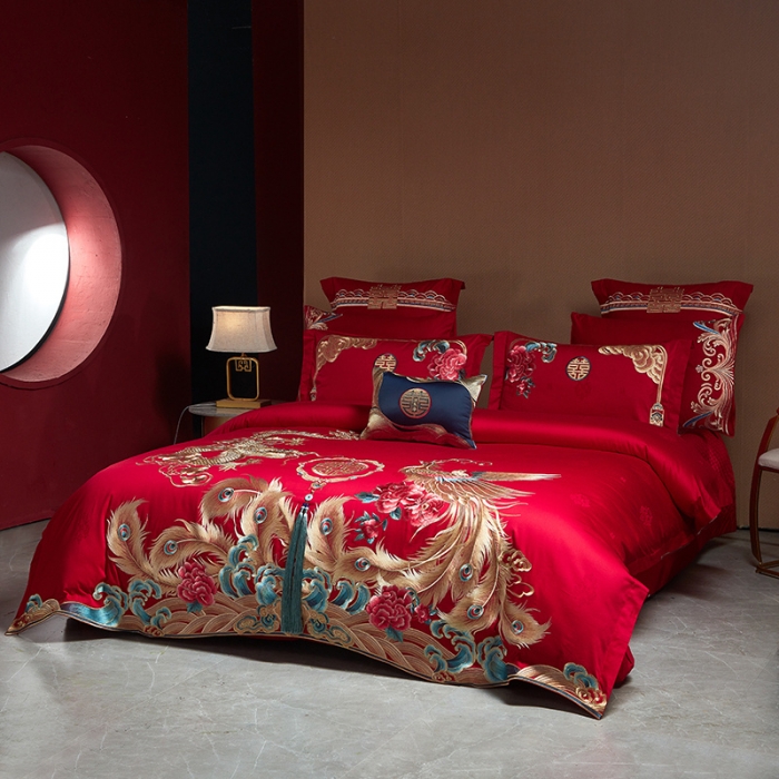 91家纺网 家纺一手货源 找家纺 宏羽纺 2023新款高支高密全棉贡缎提花婚庆套件 全棉锦绣江南