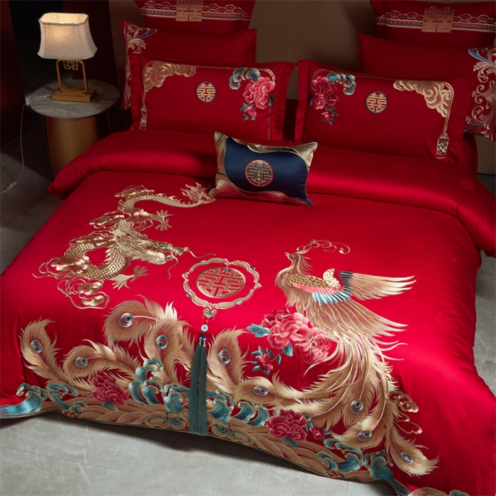 91家纺网 家纺一手货源 找家纺 宏羽纺 2023新款高支高密全棉贡缎提花婚庆套件 全棉锦绣江南