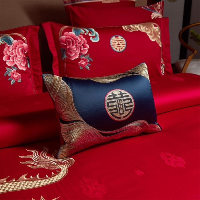 91家纺网 家纺一手货源 找家纺 宏羽纺 2023新款高支高密全棉贡缎提花婚庆套件 全棉锦绣江南