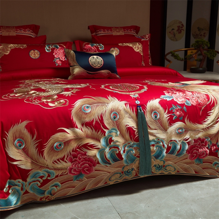 91家纺网 家纺一手货源 找家纺 宏羽纺 2023新款高支高密全棉贡缎提花婚庆套件 全棉锦绣江南