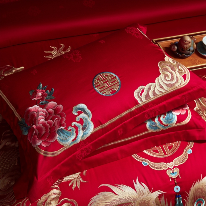 91家纺网 家纺一手货源 找家纺 宏羽纺 2023新款高支高密全棉贡缎提花婚庆套件 全棉锦绣江南
