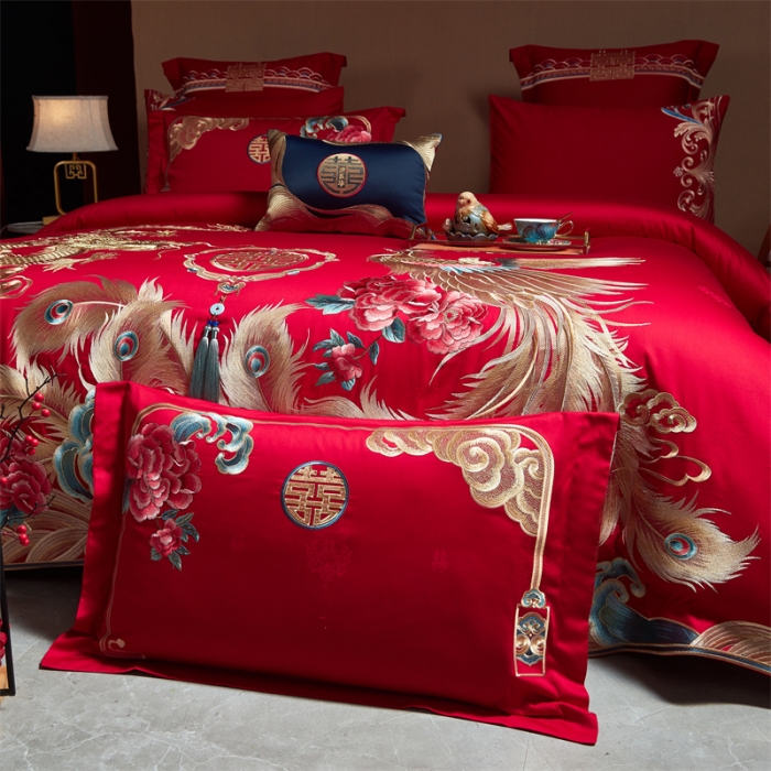 91家纺网 家纺一手货源 找家纺 宏羽纺 2023新款高支高密全棉贡缎提花婚庆套件 全棉锦绣江南