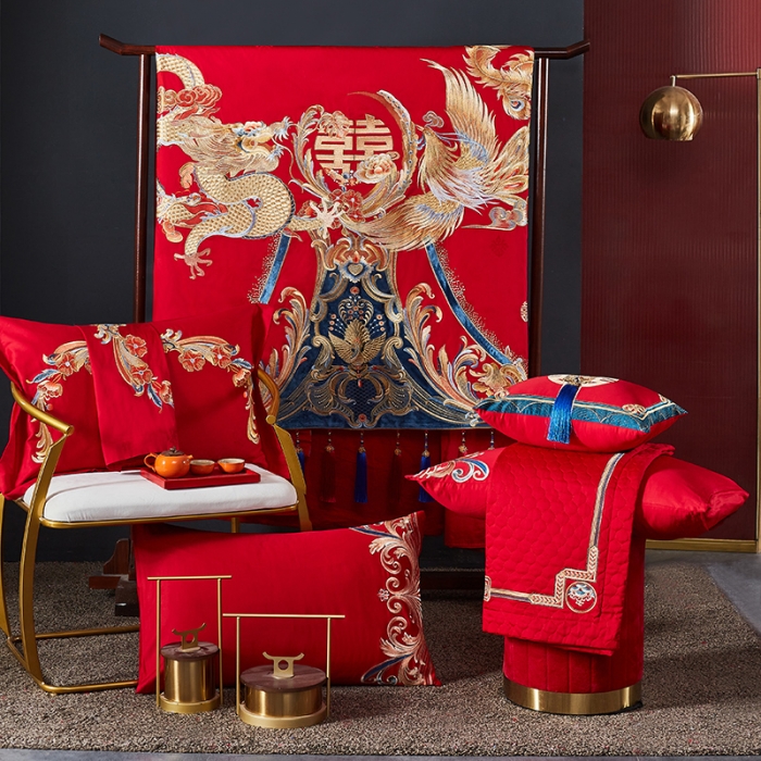 91家纺网 家纺一手货源 找家纺 宏羽纺 2023新款高支高密全棉贡缎提花婚庆套件 全棉锦绣江山