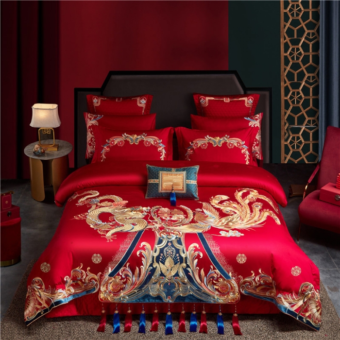 91家纺网 家纺一手货源 找家纺 宏羽纺 2023新款高支高密全棉贡缎提花婚庆套件 全棉锦绣江山