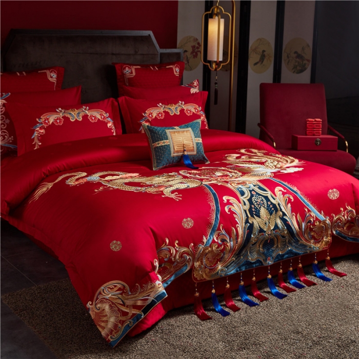 91家纺网 家纺一手货源 找家纺 宏羽纺 2023新款高支高密全棉贡缎提花婚庆套件 全棉锦绣江山