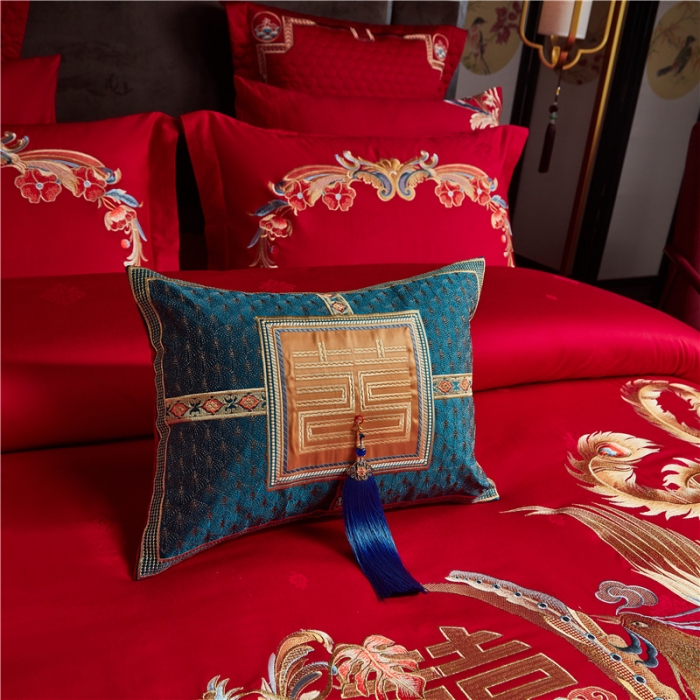 91家纺网 家纺一手货源 找家纺 宏羽纺 2023新款高支高密全棉贡缎提花婚庆套件 全棉锦绣江山