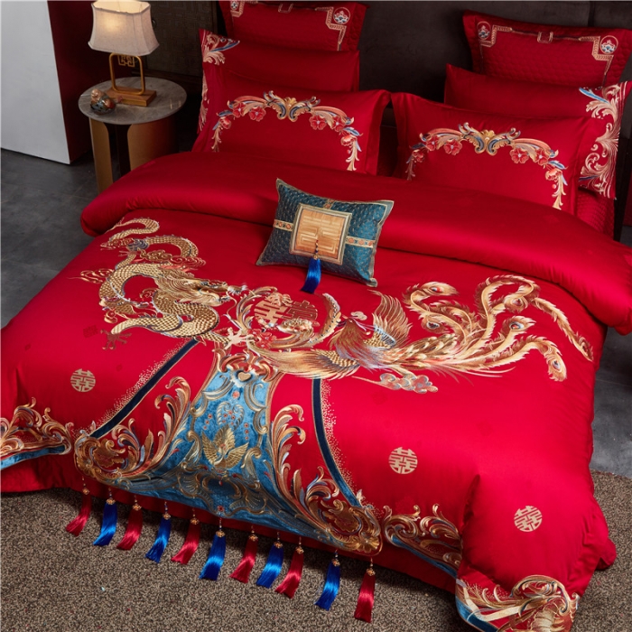 91家纺网 家纺一手货源 找家纺 宏羽纺 2023新款高支高密全棉贡缎提花婚庆套件 全棉锦绣江山