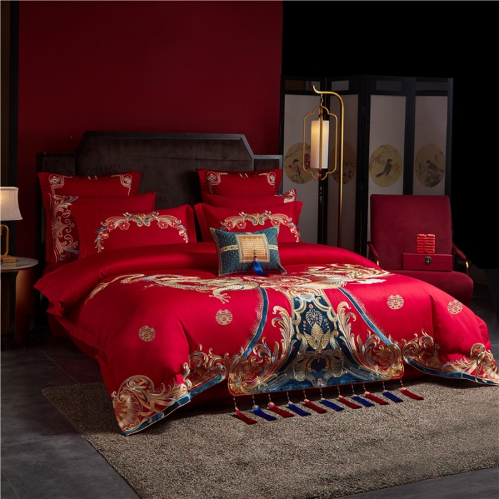 91家纺网 家纺一手货源 找家纺 宏羽纺 2023新款高支高密全棉贡缎提花婚庆套件 全棉锦绣江山