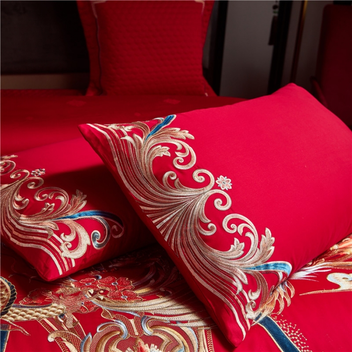 91家纺网 家纺一手货源 找家纺 宏羽纺 2023新款高支高密全棉贡缎提花婚庆套件 全棉锦绣江山