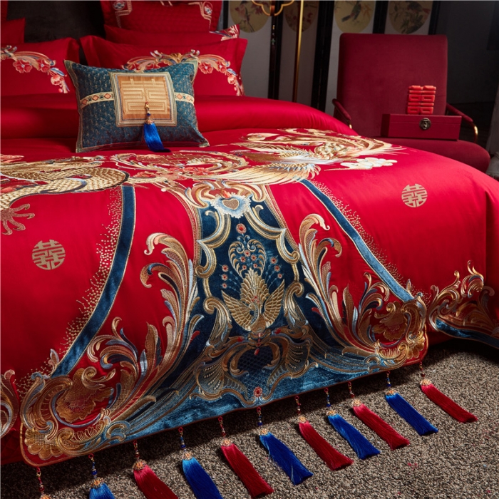 91家纺网 家纺一手货源 找家纺 宏羽纺 2023新款高支高密全棉贡缎提花婚庆套件 全棉锦绣江山