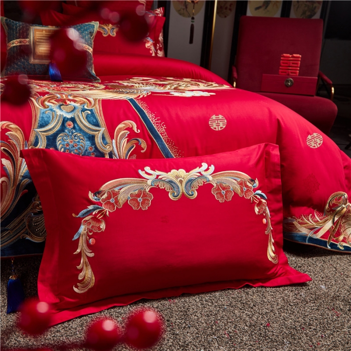 91家纺网 家纺一手货源 找家纺 宏羽纺 2023新款高支高密全棉贡缎提花婚庆套件 全棉锦绣江山