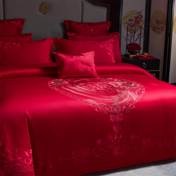 91家纺网 家纺一手货源 找家纺 宏羽纺 2023新款高支高密全棉贡缎提花婚庆套件 全棉情意绵绵-红