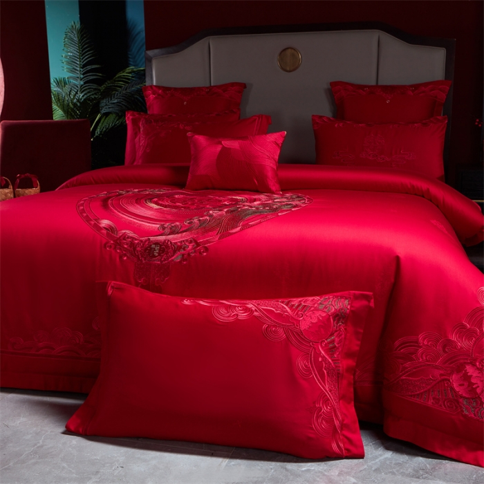 91家纺网 家纺一手货源 找家纺 宏羽纺 2023新款高支高密全棉贡缎提花婚庆套件 全棉情意绵绵-红
