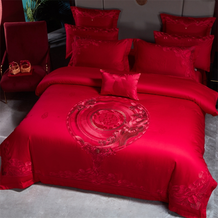 91家纺网 家纺一手货源 找家纺 宏羽纺 2023新款高支高密全棉贡缎提花婚庆套件 全棉情意绵绵-红