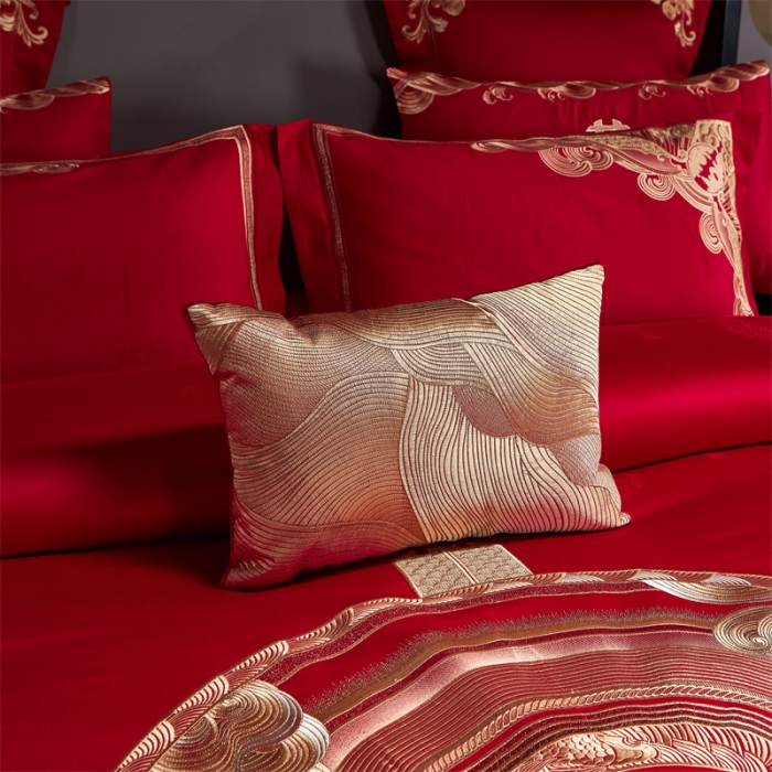 91家纺网 家纺一手货源 找家纺 宏羽纺 2023新款高支高密全棉贡缎提花婚庆套件 全棉情意绵绵-金