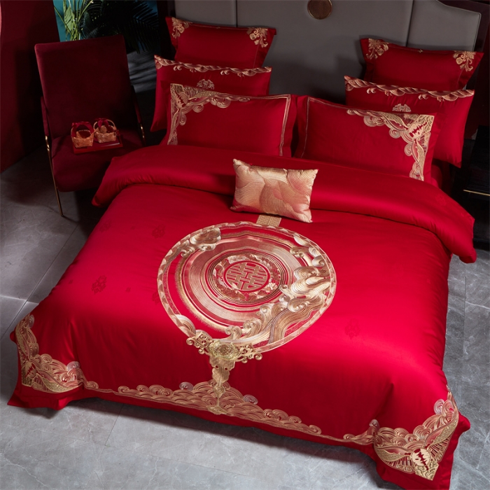 91家纺网 家纺一手货源 找家纺 宏羽纺 2023新款高支高密全棉贡缎提花婚庆套件 全棉情意绵绵-金