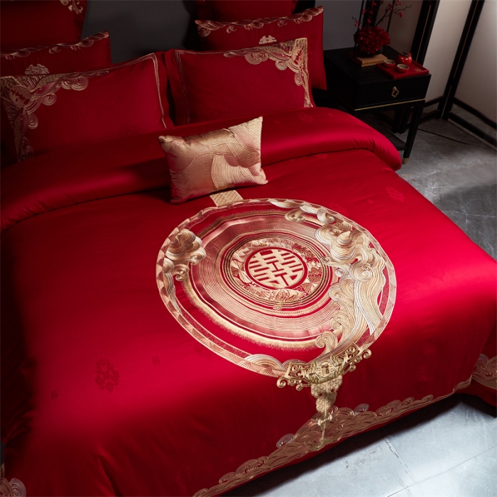 91家纺网 家纺一手货源 找家纺 宏羽纺 2023新款高支高密全棉贡缎提花婚庆套件 全棉情意绵绵-金