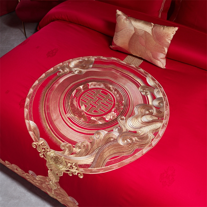 91家纺网 家纺一手货源 找家纺 宏羽纺 2023新款高支高密全棉贡缎提花婚庆套件 全棉情意绵绵-金