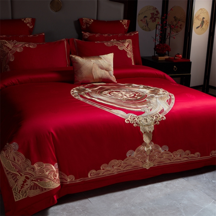 91家纺网 家纺一手货源 找家纺 宏羽纺 2023新款高支高密全棉贡缎提花婚庆套件 全棉情意绵绵-金