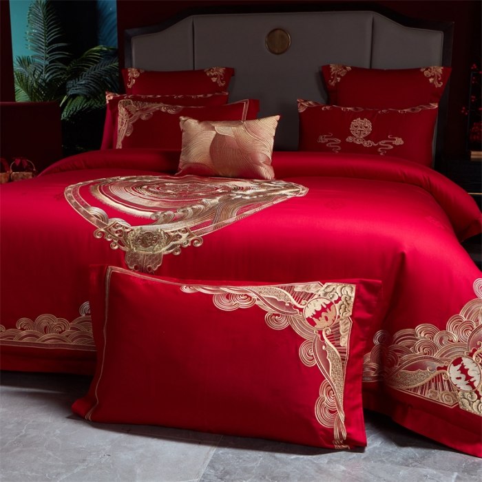 91家纺网 家纺一手货源 找家纺 宏羽纺 2023新款高支高密全棉贡缎提花婚庆套件 全棉情意绵绵-金