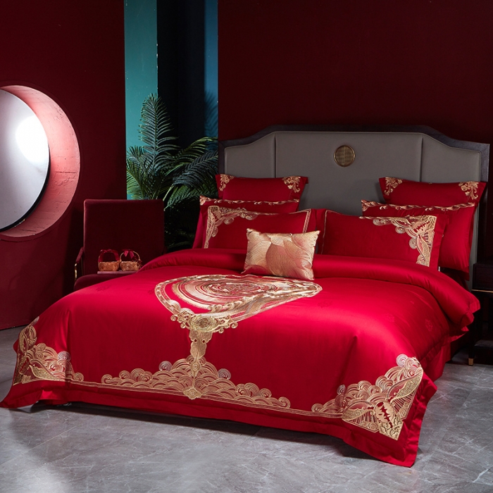 91家纺网 家纺一手货源 找家纺 宏羽纺 2023新款高支高密全棉贡缎提花婚庆套件 全棉情意绵绵-金