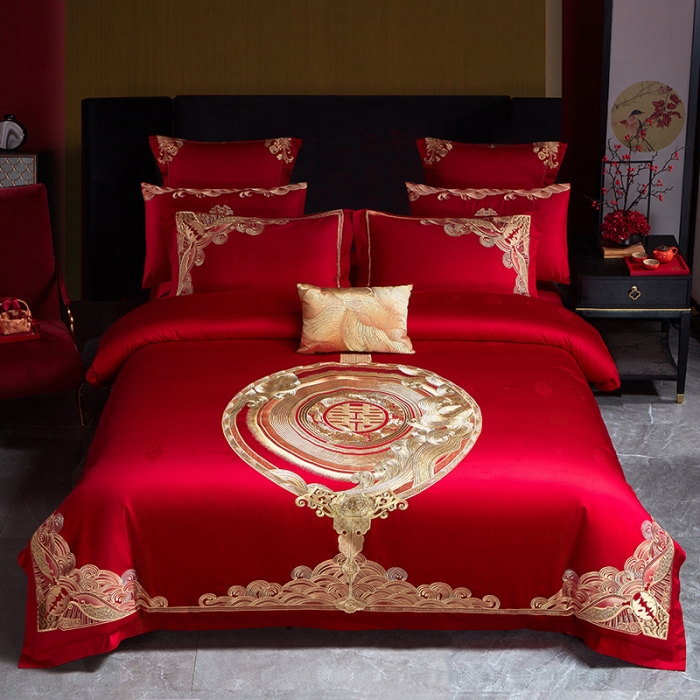 91家纺网 家纺一手货源 找家纺 宏羽纺 2023新款高支高密全棉贡缎提花婚庆套件 全棉情意绵绵-金