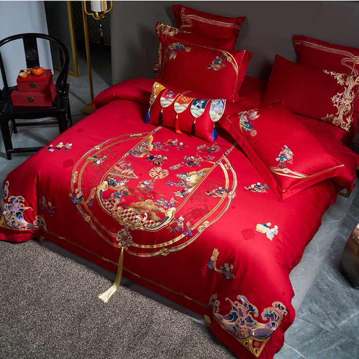 91家纺网 家纺一手货源 找家纺 宏羽纺 新款1全棉全棉贡缎提花婚庆套件 全棉如意百子-传统拍法