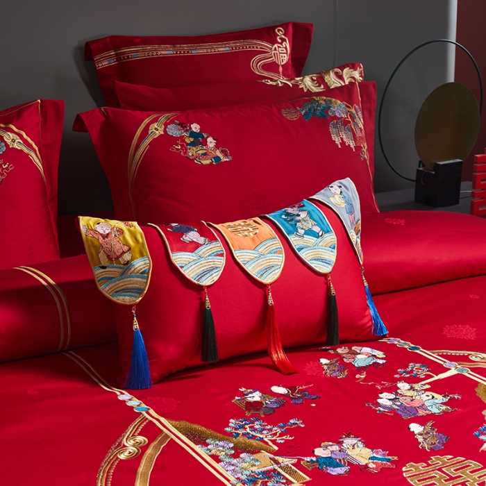 91家纺网 家纺一手货源 找家纺 宏羽纺 新款1全棉全棉贡缎提花婚庆套件 全棉如意百子-传统拍法