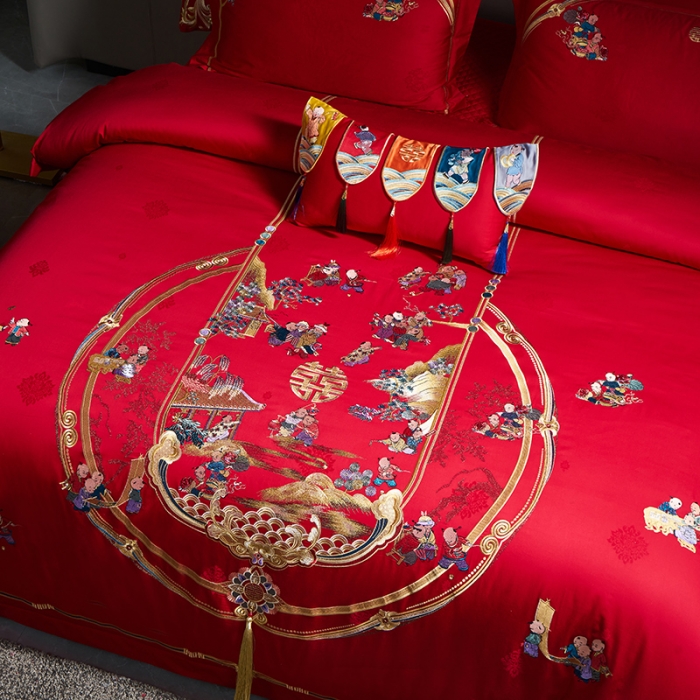 91家纺网 家纺一手货源 找家纺 宏羽纺 新款1全棉全棉贡缎提花婚庆套件 全棉如意百子-传统拍法