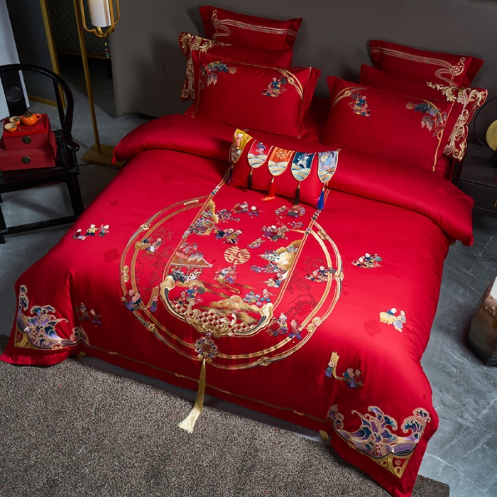 91家纺网 家纺一手货源 找家纺 宏羽纺 新款1全棉全棉贡缎提花婚庆套件 全棉如意百子-传统拍法