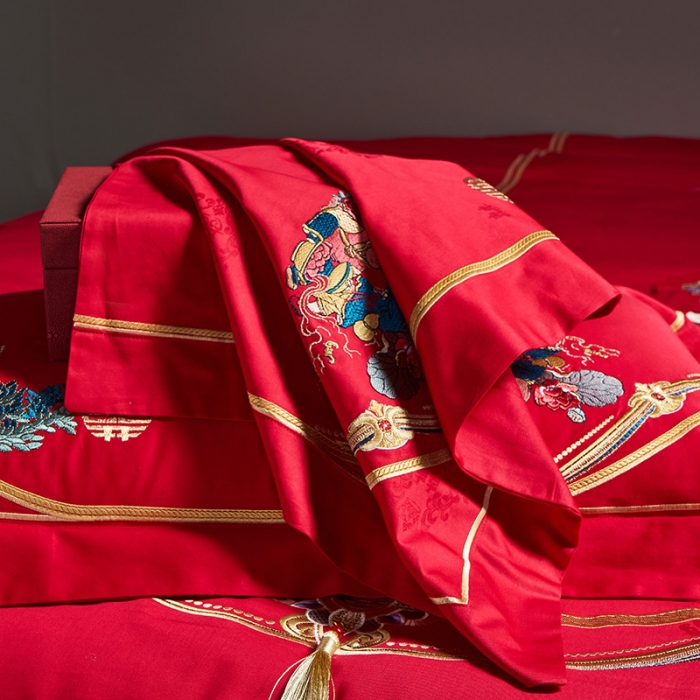 91家纺网 家纺一手货源 找家纺 宏羽纺 新款1全棉全棉贡缎提花婚庆套件 全棉如意百子-传统拍法