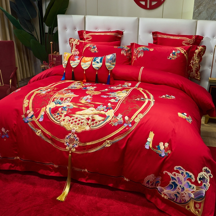 91家纺网 家纺一手货源 找家纺 宏羽纺 新款1全棉全棉贡缎提花婚庆套件 全棉如意百子-时尚拍法