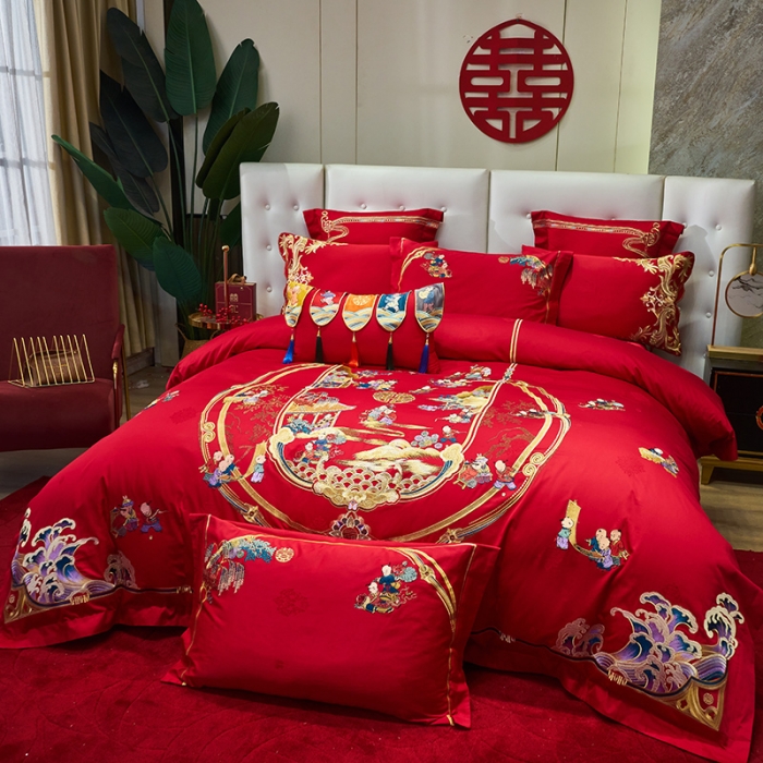 91家纺网 家纺一手货源 找家纺 宏羽纺 新款1全棉全棉贡缎提花婚庆套件 全棉如意百子-时尚拍法