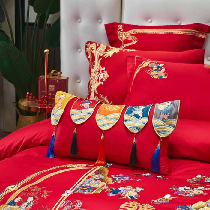 91家纺网 家纺一手货源 找家纺 宏羽纺 新款1全棉全棉贡缎提花婚庆套件 全棉如意百子-时尚拍法