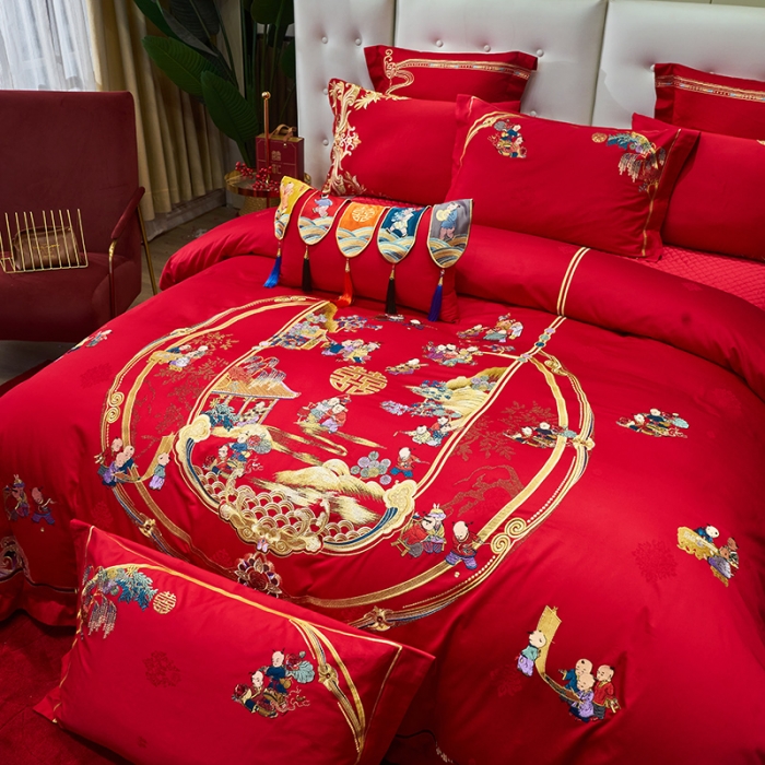 91家纺网 家纺一手货源 找家纺 宏羽纺 新款1全棉全棉贡缎提花婚庆套件 全棉如意百子-时尚拍法