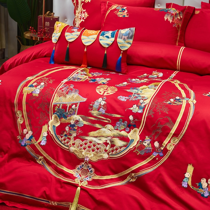 91家纺网 家纺一手货源 找家纺 宏羽纺 新款1全棉全棉贡缎提花婚庆套件 全棉如意百子-时尚拍法