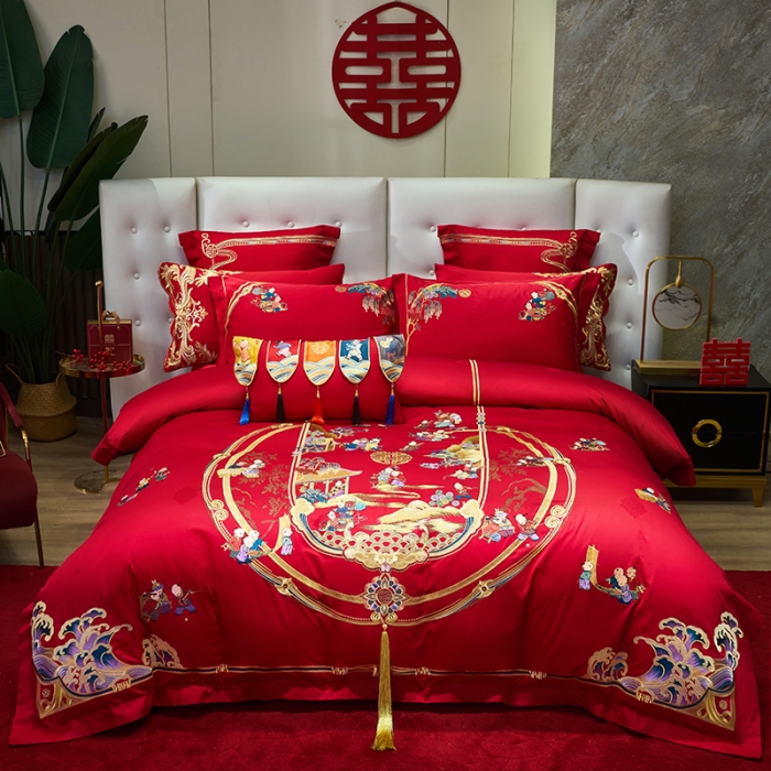 91家纺网 家纺一手货源 找家纺 宏羽纺 新款1全棉全棉贡缎提花婚庆套件 全棉如意百子-时尚拍法