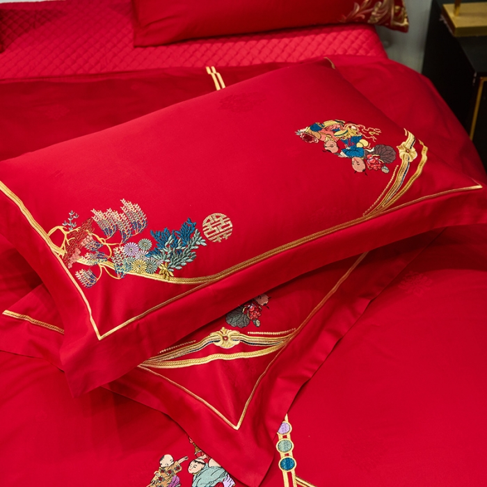 91家纺网 家纺一手货源 找家纺 宏羽纺 新款1全棉全棉贡缎提花婚庆套件 全棉如意百子-时尚拍法