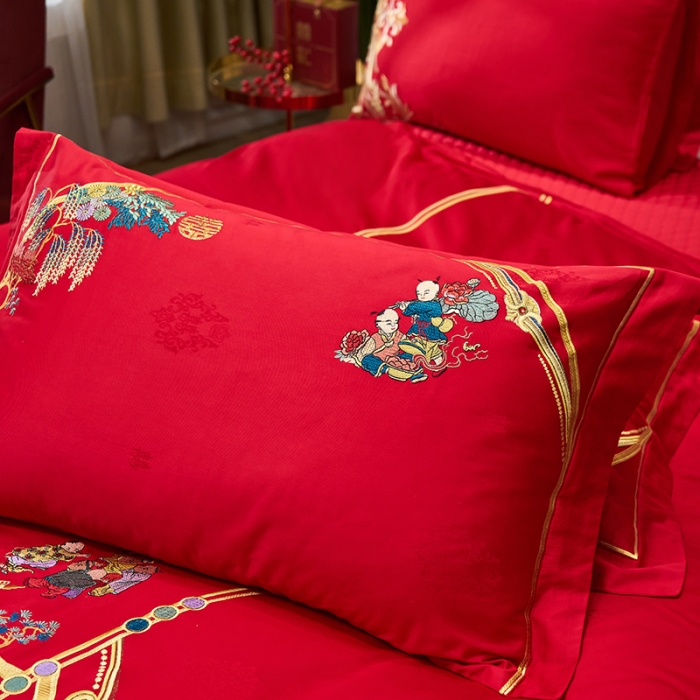 91家纺网 家纺一手货源 找家纺 宏羽纺 新款1全棉全棉贡缎提花婚庆套件 全棉如意百子-时尚拍法