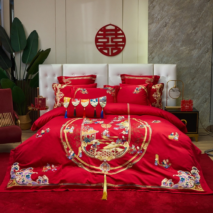 91家纺网 家纺一手货源 找家纺 宏羽纺 新款1全棉全棉贡缎提花婚庆套件 全棉如意百子-时尚拍法