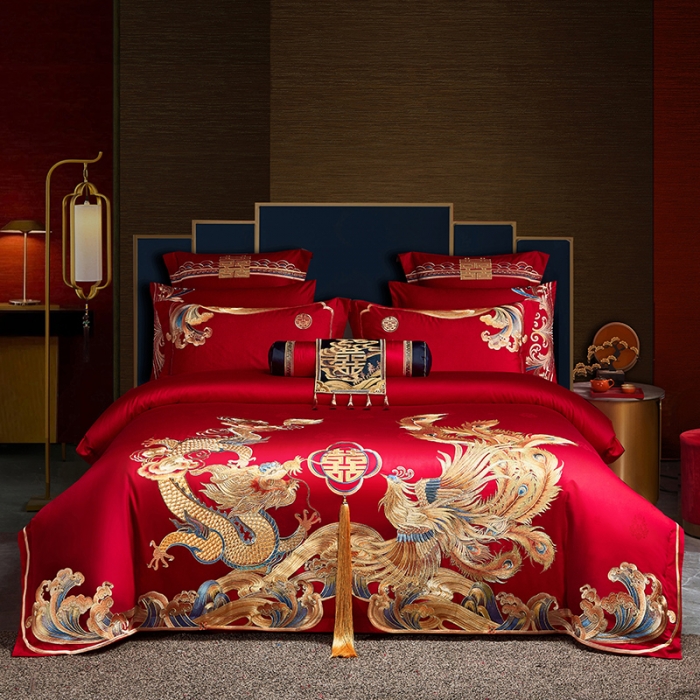 91家纺网 家纺一手货源 找家纺 宏羽纺 2023新款高支高密全棉贡缎提花婚庆套件 全棉喜事万千