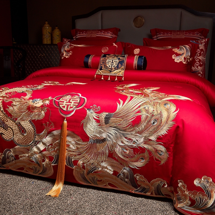 91家纺网 家纺一手货源 找家纺 宏羽纺 2023新款高支高密全棉贡缎提花婚庆套件 全棉喜事万千