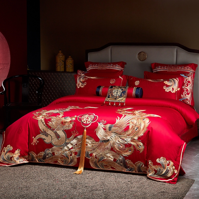 91家纺网 家纺一手货源 找家纺 宏羽纺 2023新款高支高密全棉贡缎提花婚庆套件 全棉喜事万千