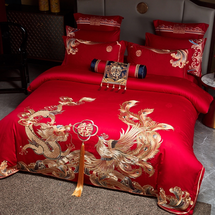 91家纺网 家纺一手货源 找家纺 宏羽纺 2023新款高支高密全棉贡缎提花婚庆套件 全棉喜事万千