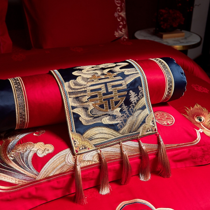 91家纺网 家纺一手货源 找家纺 宏羽纺 2023新款高支高密全棉贡缎提花婚庆套件 全棉喜事万千