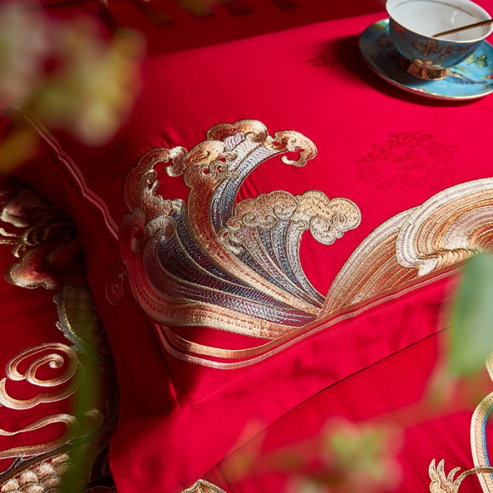 91家纺网 家纺一手货源 找家纺 宏羽纺 2023新款高支高密全棉贡缎提花婚庆套件 全棉喜事万千