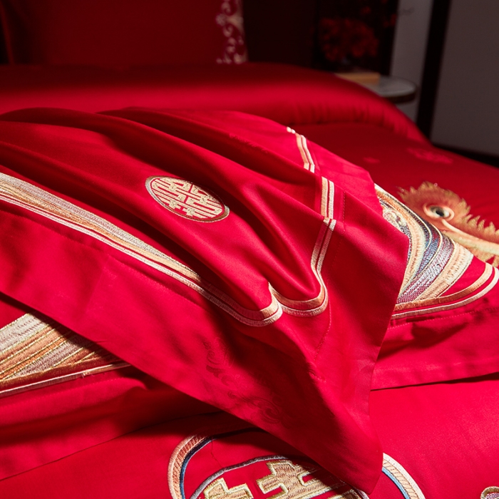 91家纺网 家纺一手货源 找家纺 宏羽纺 2023新款高支高密全棉贡缎提花婚庆套件 全棉喜事万千