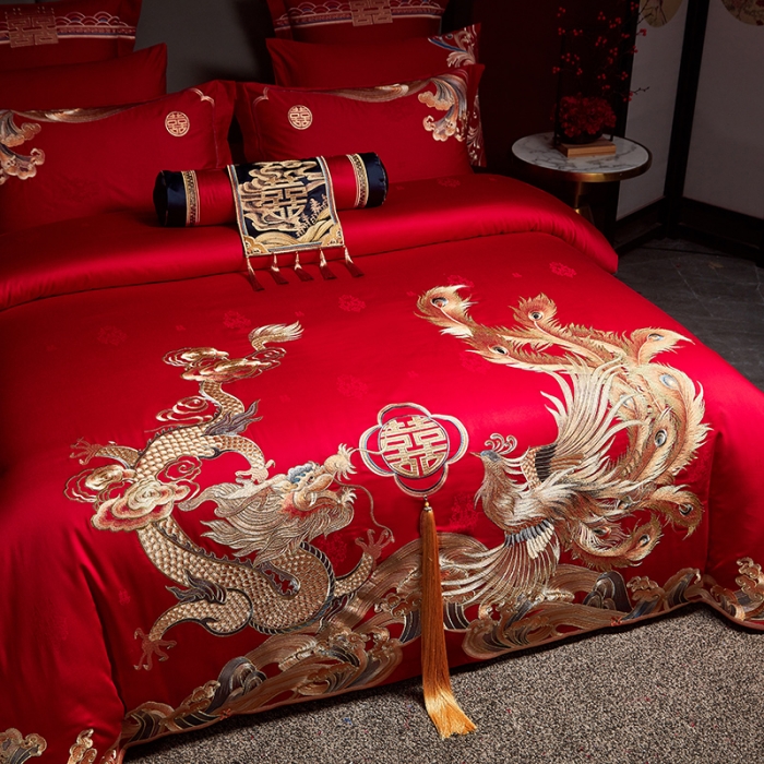 91家纺网 家纺一手货源 找家纺 宏羽纺 2023新款高支高密全棉贡缎提花婚庆套件 全棉喜事万千