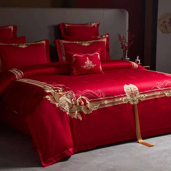 91家纺网 家纺一手货源 找家纺 宏羽纺 2023新款高支高密全棉贡缎提花婚庆套件 全棉缘定三生-金